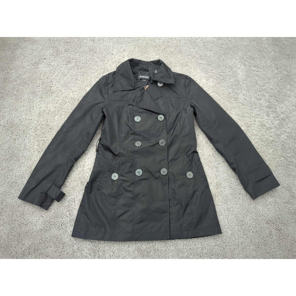 Ellen Tracy Trench Coat Jacket Womens XS Black Double Breasted‎ Lined Pockets